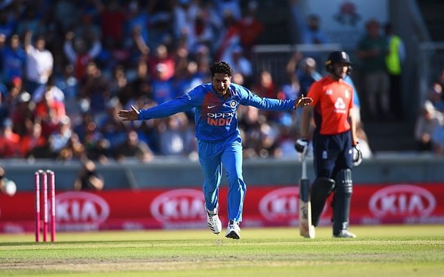 Kuldeep celebrating after taking a wicket