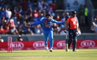 Kuldeep celebrating after taking a wicket