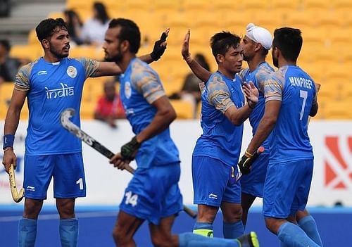 India Men's Hockey team players celebrate a goal