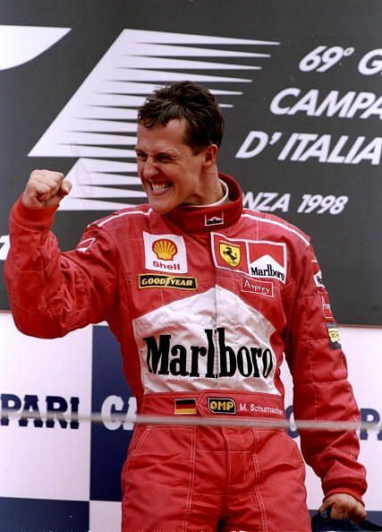 Michael Schumacher of Germany celebrates a Ferrari win