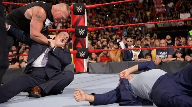 Lesnar attacked his longtime advocate Paul Heyman not once but twice during the show 