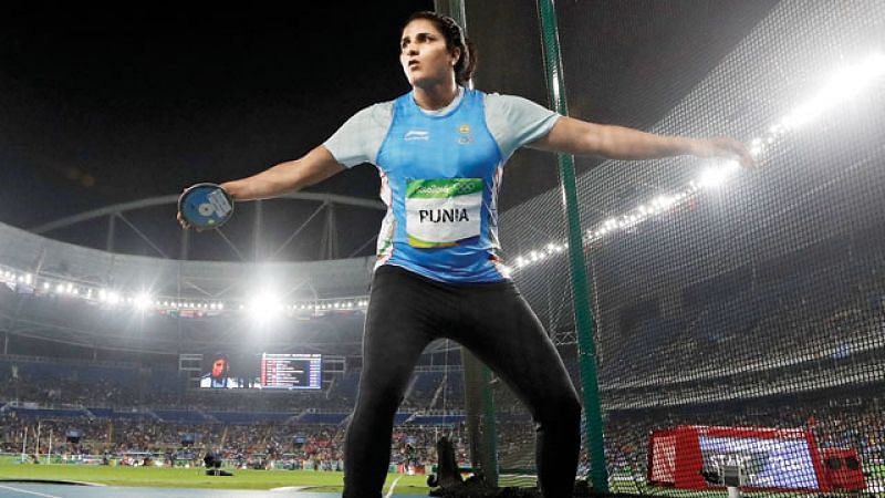 Seema Punia in action during the 2018 Commonwealth Games