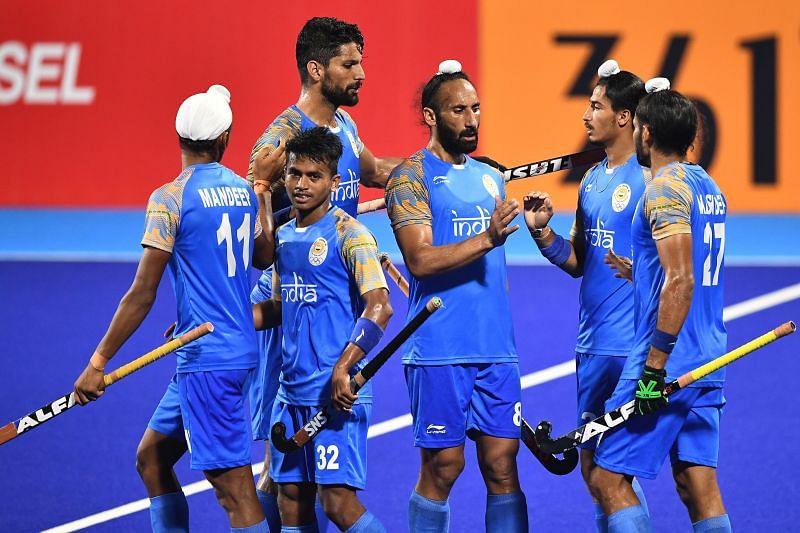 Jubilant Indian players after scoring a goal against Japan