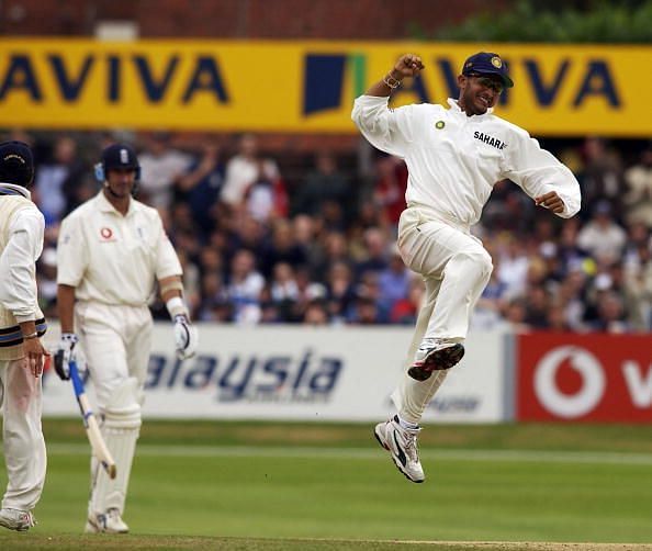 Sourav Ganguly celebrates Caddick wicket