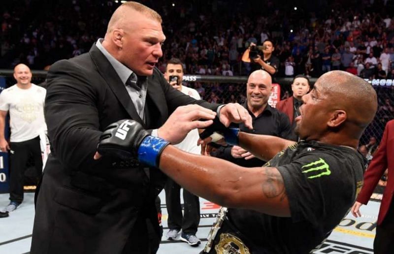 Brock Lesnar (left) is widely regarded as one of the most charismatic MMA and WWE Superstars of all time