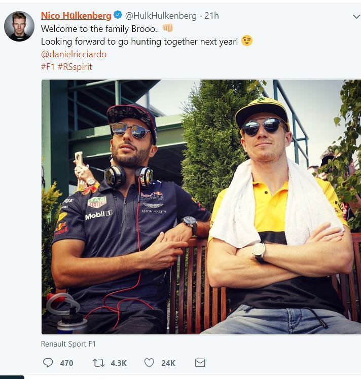 Nico Hulkenberg welcomed Ricciardo  