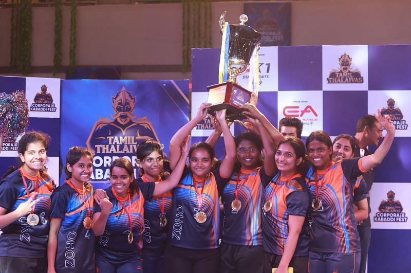 Enter captionZoho Corp wins the women's championship at the Tamil Thalaivas Corporate Kabaddi championship