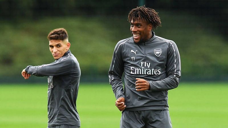 Iwobi and Torreira in training on Wednesday