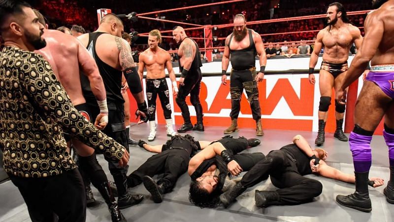 Rollins and the rest of the Shield were left laying on the floor outside the ring!