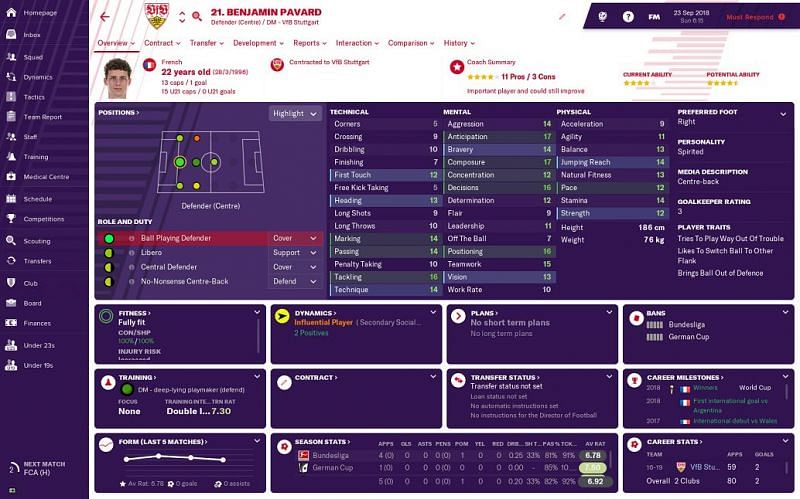Benjamin Pavard&#039;s profile in Football Manager 19.