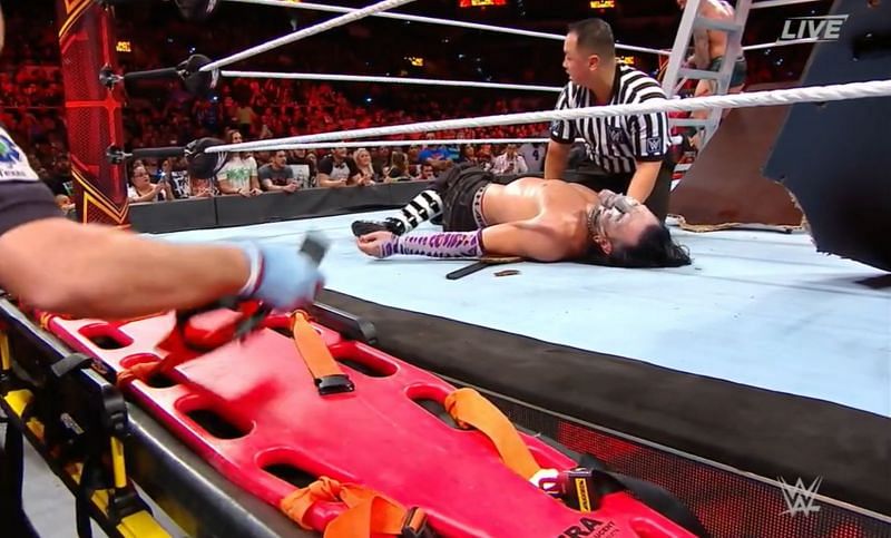 Jeff Hardy falls on the table, face down
