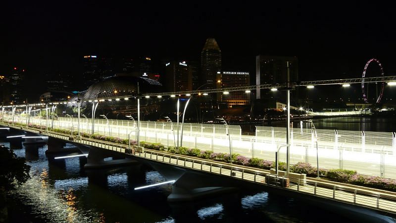 Lights mounted on trusses at the Esplanade stretch of the circuit