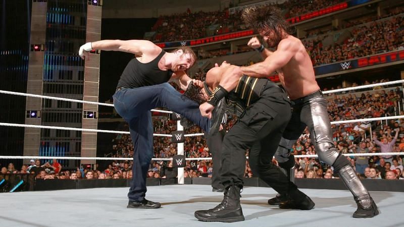 (Image Courtesy: WWE.com) Ambrose vs Reigns vs Rollins at Battleground 2016 for the WWE World Heavyweight Championship