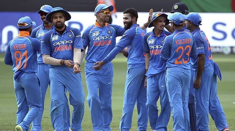 Indian Team celebrates during the match against Pakistan