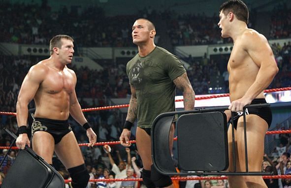 Ted DiBiase (left), Randy Orton (center) and Cody Rhodes (right) were a part of The Legacy in WWE