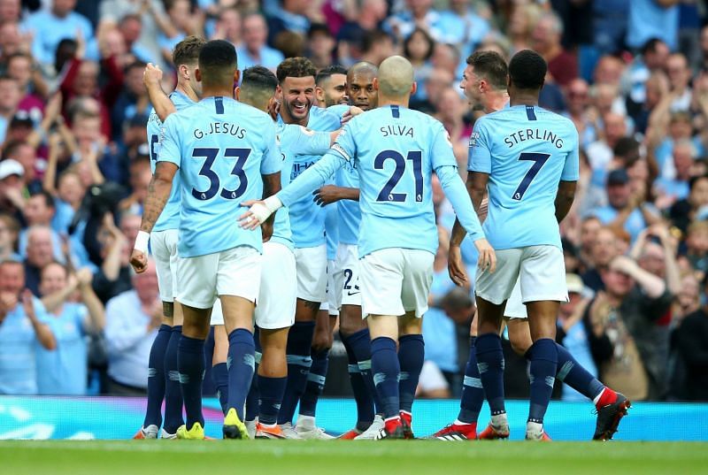 The Cityzens celebrating one of their numerous goals in a match against Newcastle United.