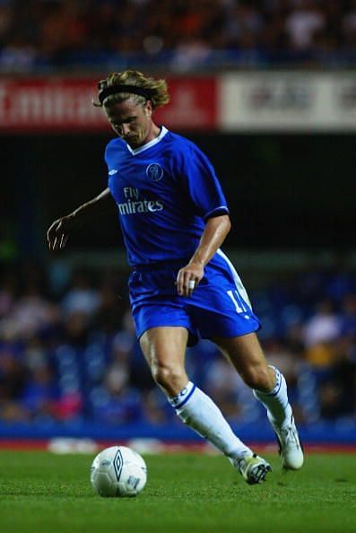 Emmanuel Petit of Chelsea looks to strike the ball