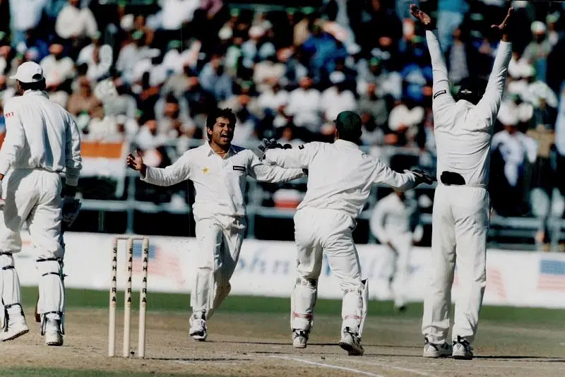 Mushtaq Ahmed is ecstatic after nabbing his 5-for in the deciding game