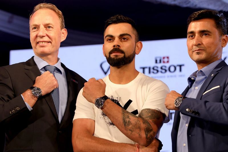 Olivier Cosandier, VP Sales, Tissot SA, Virat Kohli Brand Ambassador Tissot India, Puneet Mathur, Brand Manager Tissot India at the launch of THE TISSOT CHRONO XL CLASSIC VIRAT KOHLI 2018 special edition