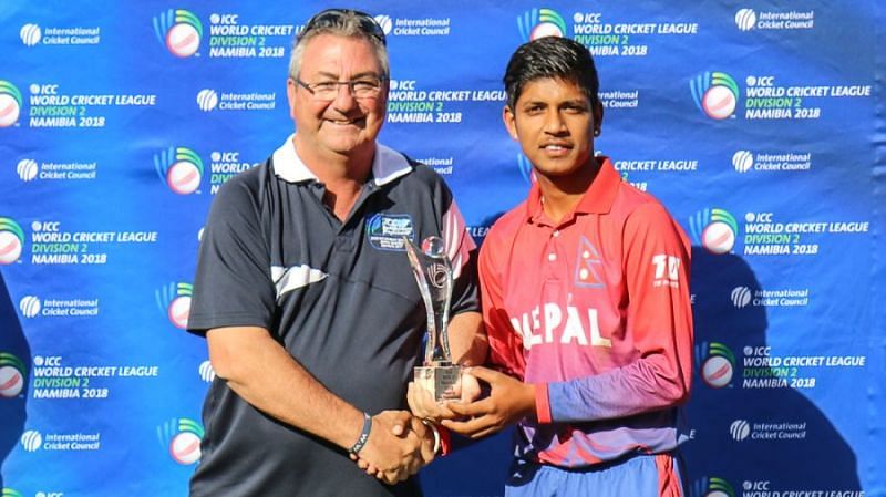 Lamichhane with Man of the tournament award in ICC World cricket league div 2