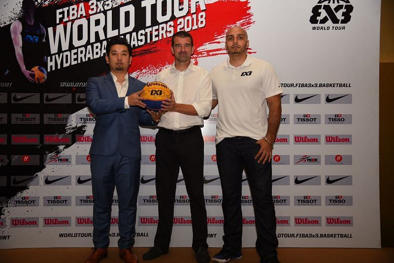FIBA 3X3 MD Alex Sachez (Middle) at the press conference in Hyderabad for the World Tour Masters.
