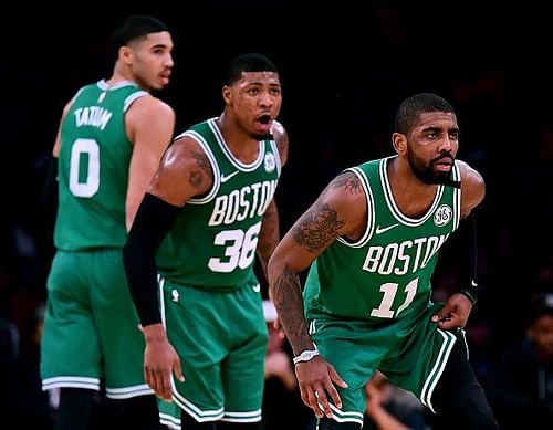 Kyrie Irving, Marcus Smart and Jayson Tatum