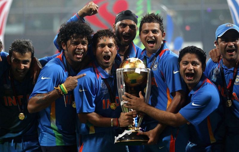Sachin and Co celebrating during CWC 2011 finals