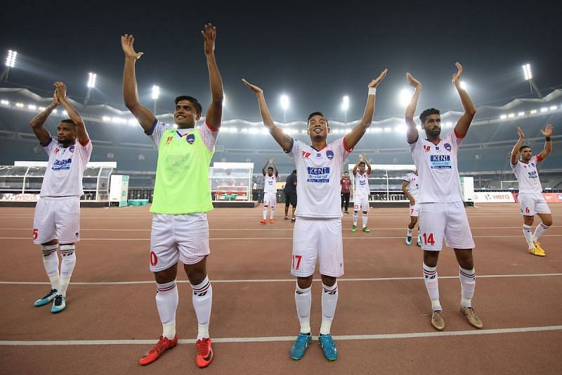 Delhi Dynamos FC players thanking fans after a match last season