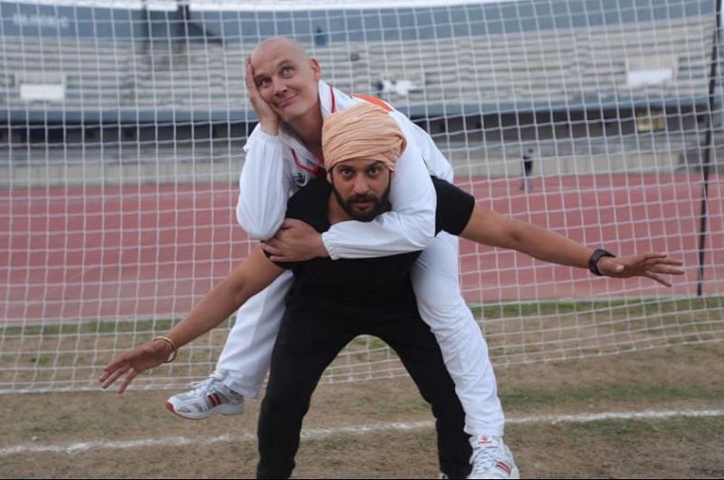 Jobanpreet Singh and Darren Tassell have a fun moment in between shoot