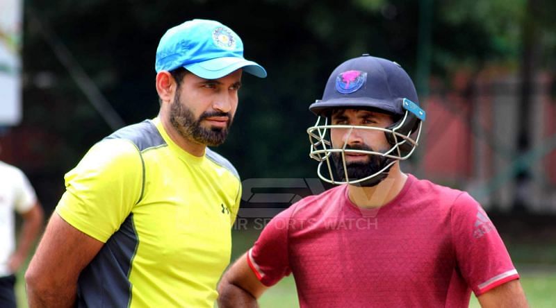 Parvez Rasool and Irfan Pathan during a practice session at SK Stadium, Srinagar/ PIC- KSW