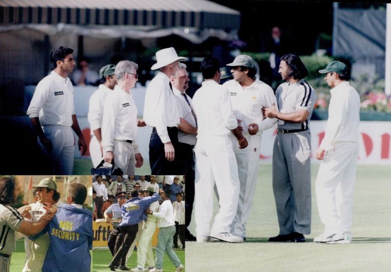 Inzamam-ul-Haq being restrained after he lost his cool and had an altercation in the stands