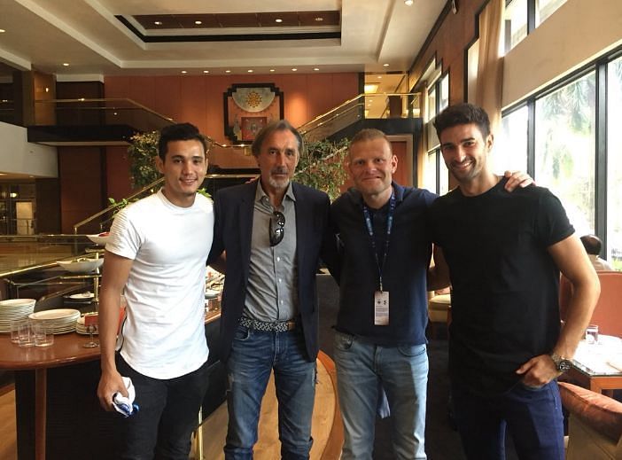 L-R (Vinit Rai, former coach Miguel A. Portugal, new coach Josep Gambau, Marcos Tebar)