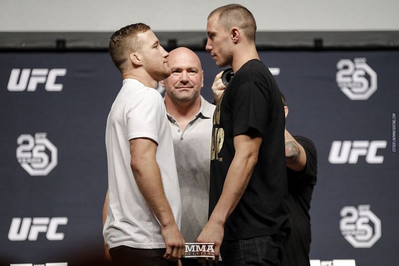 Justin Gaethje and James Vick go toe to toe in a staredown, prior to their fight at UFC Fight Night 135