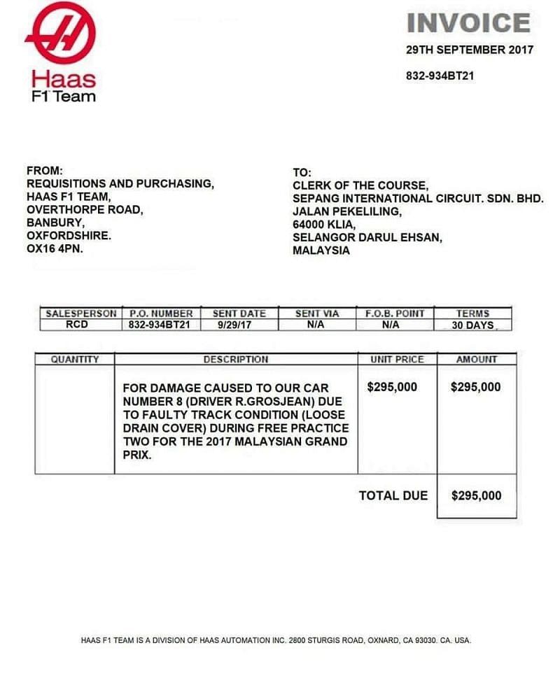 Bill submitted by Haas to Sepang Circuit for the damage caused by drainage cover
