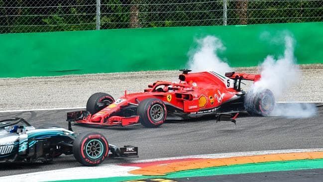 Sebastian Vettel was spun around after clashing with Lewis Hamilton on the first lap of the Italian Grand Prix