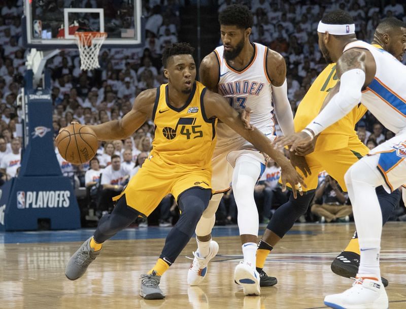 Donovan Mitchell battling Paul George during an eventful six-game series