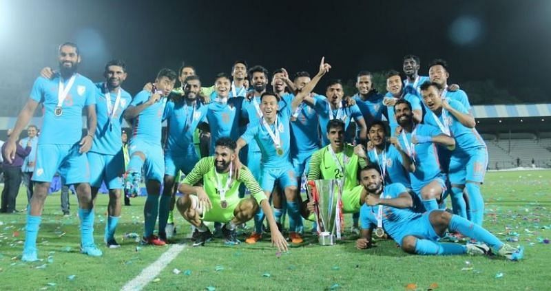 The Indian football team after their Intercontinental Cup win.