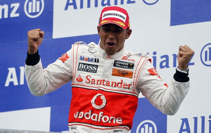 Hamilton celebrating his victory at Spa-Francorchamps, Belgium in 2010
