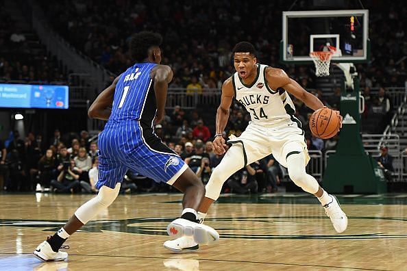 Giannis guarded by Magic&#039;s Jonathan Isaac
