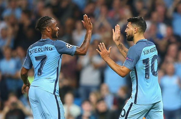 Aguero and Sterling celebrating a goal together
