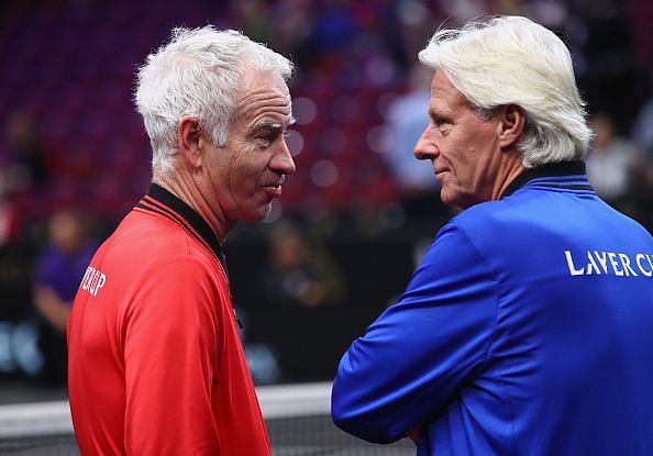 Borg and longtime rival McEnroe at the 2018 Laver Cup