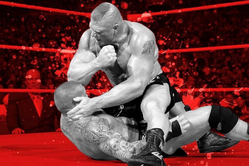Brock Lesnar destroys Randy Orton with elbow strikes. Or does he?