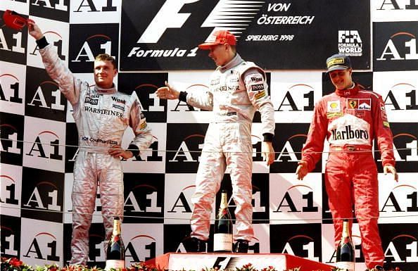 David Coulthard, Mika Hakkinen and Michael Schumacher