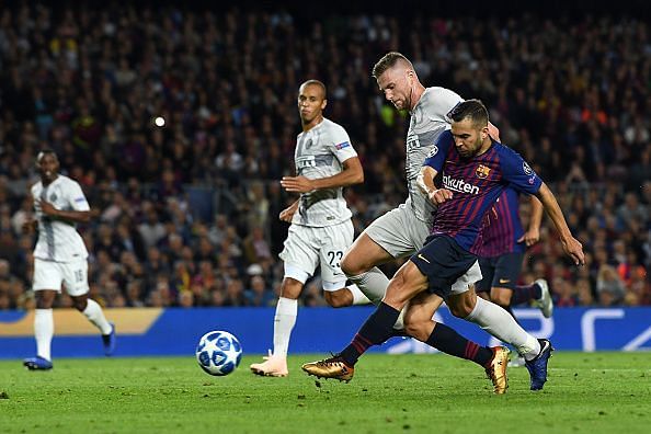 Jordi Alba scores the second goal against Inter Milan