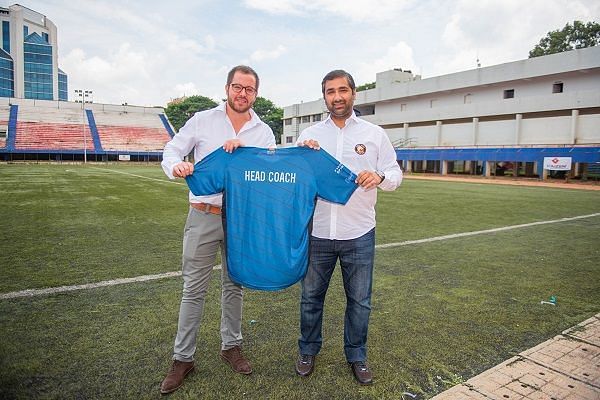 Miquel Llado (left), the new South United FC coach, with SUFC director Sharan Parikh