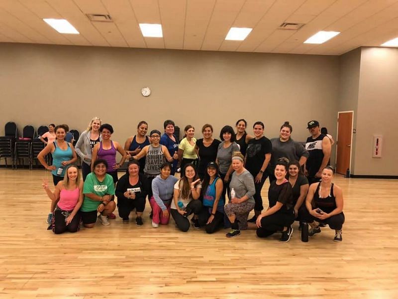 Menjivar and her Zumba group at the end of a session.