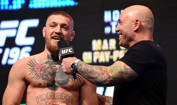 Conor McGregor (left) and Khabib Nurmagomedov were involved in a great match at UFC 229, which was followed by an ugly brawl witnessed by several viewers including Joe Rogan (right)