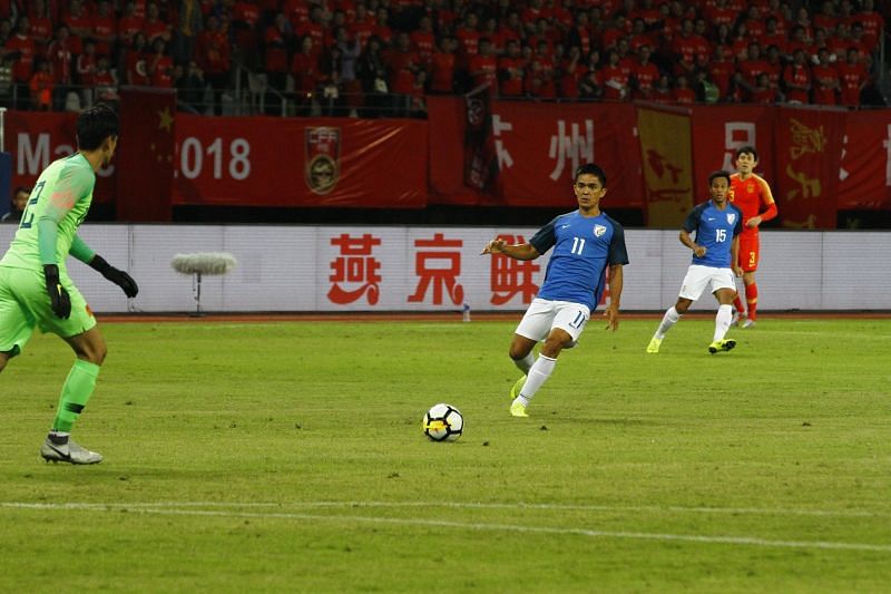 Sunil Chhetri of India in action against China during their international friendly in Suzhou (Image: ISL)