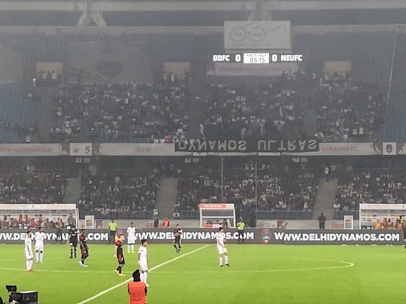 The banner at Jawaharlal Nehru Stadium yesterday