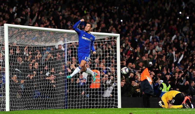 Hazard celebrates his 90th-minute equaliser: Capital One Cup 2012